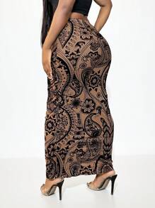 SHEIN SXY Khaki Mesh Flocked Paisley Pattern Skirt