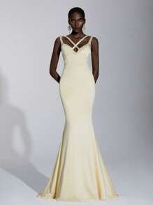 Glamrae 优雅奢华的浅黄色 V 领高腰美人鱼晚礼服，手工缝制钻石细节，正式场合礼服 - 淡黃色 - 查看 7