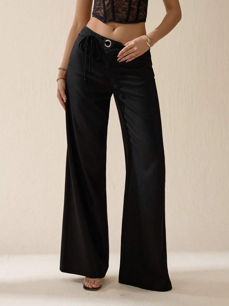 SHEIN Tall 女士纯色日常百搭通勤休闲日常休闲腰部孔眼装饰系带阔腿宽松休闲裤 - 黑色 - 查看 1
