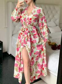 印花女士休闲浴袍，喇叭袖，秋冬款 - 彩色 - 查看 5