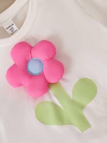 Set de 2 piezas: Camiseta de manga corta con decoración floral delantera + Pantalones cortos deportivos y de ciclismo simples, conjunto de verano casual para niñas