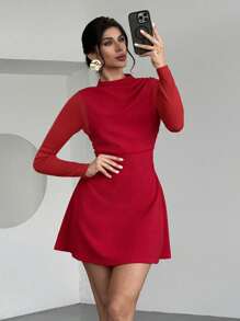 Firerie Women's Elegant Minimalistic Romantic Sweet Ruffle A-Line Mini Dress, Suitable For Commute, Wedding, Party, Music Festival, Holiday - Red Long Sleeve,Graduation,Teacher Outfits For Women,Teacher Dress, Fall Women Clothes, Old Money, Office Outfits For Women,Fall Dresses For Women