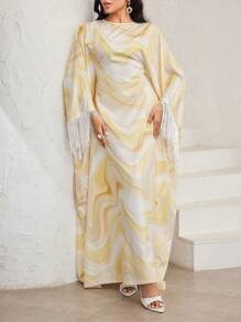 Al Najma 女式优雅流苏装饰喇叭袖阿拉伯连衣裙 - 黃色 - 查看 7