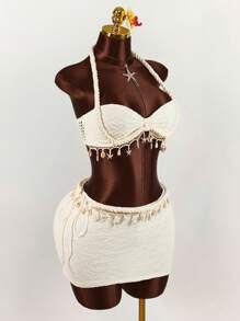 Amplova Set de 2 piezas: Top corto decorado con cuerda, estrella de mar y concha, y mini falda