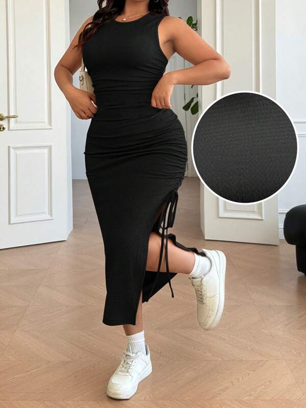 SHEIN EZwear Rochie de seară neagră, cu crăpături laterale, stil casual, mărime plus, pentru femei, model ocazional, model invitat de nuntă
