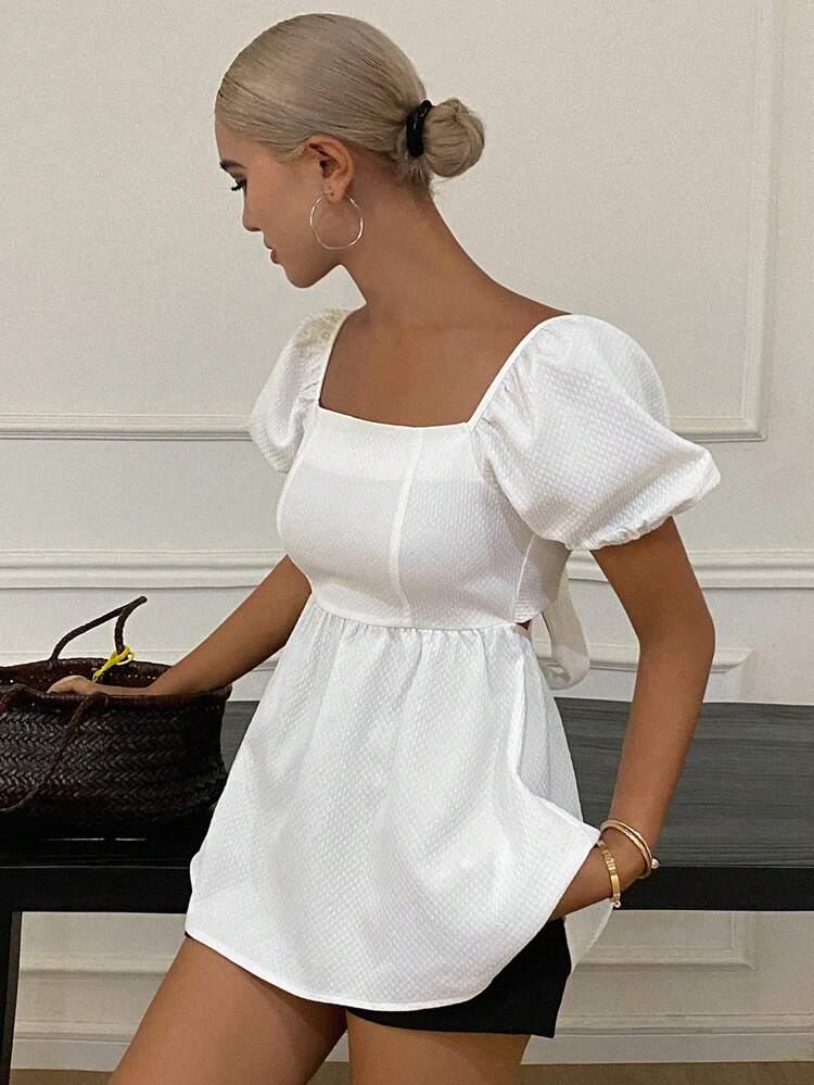 Summer Vacation Style Backless Tie-Strap Puff Sleeve Blouse For Women,Babydoll Top