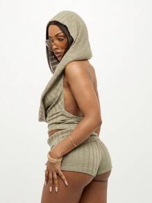 SUMWON WOMEN 罗纹针织连帽套装垂坠 V 领短款上衣热裤两件套节日夏季海滩派对俱乐部服装 - 綠色 - 查看 2