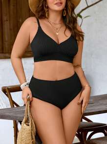 Swim Lushoire Plus Size Women's 2pcs/Set Solid Color Spaghetti Strap Sexy & Fashionable Beach Vacation Bikini Set Set For Summer - Black - View 5