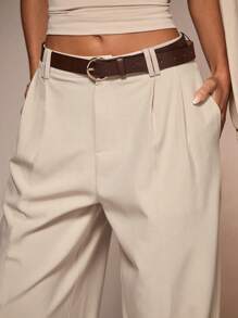 Glamine 女士杏色 PU 腰带装饰口袋阔腿裤，时尚百搭，优雅，适合办公室通勤，夏季