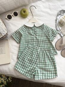 SHEIN Vintaside Kids 2件套女婴新生儿优雅公主风彼得潘领上衣+短裤套装，春夏款 - 綠色 - 查看 3