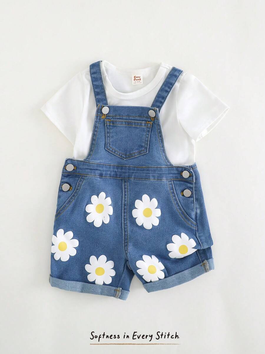 Cozy Pixies Baby Girl Daisy Print Denim Jumpsuit Romper, Versatile & Comfortable - Blue - View 1