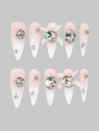 Kawaii 10 piezas de uñas postizas de alta calidad con lazos hechos a mano + 3 láminas de cinta adhesiva de doble cara, pegatinas de lujo para uñas con lazo de encaje estilo ballet, reutilizables y removibles, adecuadas para fiestas, baile y uso diario