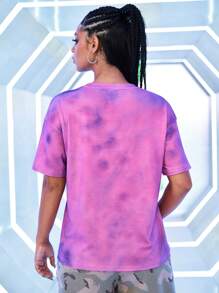 Rick and Morty X SHEIN 卡通图案扎染圆领短袖T恤，夏季 - 紫色 - 查看 2