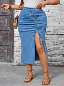 SHEIN MOD Váy chữ A denim giản dị có dây rút bên hông cỡ lớn dành cho nữ - Màu xanh lam - Xem 5