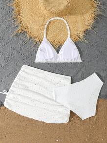 Tween Girl Beach White Eyelet Embroidery Halter Top & Bottom & Skirt White Bikini Set, Fashion Casual Elegant Swimsuit Suitable For Swimming, Vacation, Summer Three Piece Bathing Suit - White - View 2