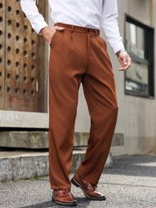 Manfinity Mode Slim Fit Men's Burgundy Pleated Straight Leg Suit Pants With Pockets - Brown - View 5