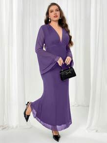 Firerie Vestido largo de malla con cuello en V profundo, mangas largas abombadas y doble volante, de color marrón sólido, talla grande, para mujer - Morado - Ver 3