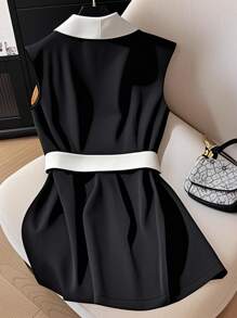 GlowEve CURVE Plus Size V-Neck Sleeveless Shirt With Contrast Color Belt, Fashionable & Elegant Businesschic - Black and White - View 2