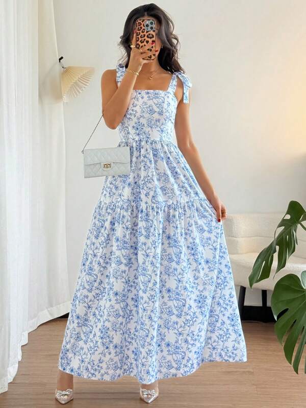 Islaluna French Elegant Pleated Flounce Floral Print Long Dress, Sleeveless V-Neck Ruffled Dress, Summer New Ladies Light Blue Gown