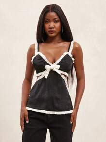 NYA SZN Top avec volant contrasté, idéal pour sortir, brunch, tenue de rue, église, usage quotidien, décontracté, chic, modeste, satin pastel, déclaration, festival - Noir - Voir 4