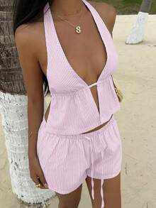 Optris 蓝白条纹亚麻深 V 露背吊带背心，配有抽绳腰带和休闲宽松短裤套装，性感优雅的女士夏季海滩度假装 - 粉色 - 查看 6