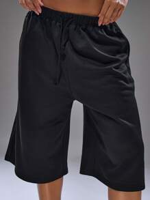 MUSERA Long Line Drawstring Jogger Shorts , Summer, Streetwear, Y2k, Cool Girl,City Fall, Autumn, Winter, Back To School Fall Autumn - Grey - View 5