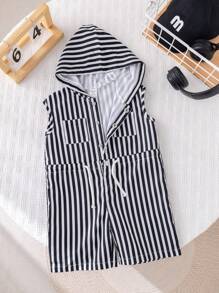 SHEIN Combinaison à capuche rayée noire et blanche style coréen décontracté d'été pour bébé garçon nouveau-né. Combinaison rayée pour enfants - Multicolore - Voir 5