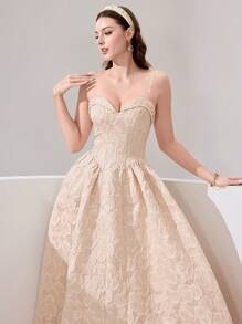 Poshira Vestido de fiesta para mujer con textura de unicolor sin tirantes (muy adornado) - Albaricoque - Ver 1