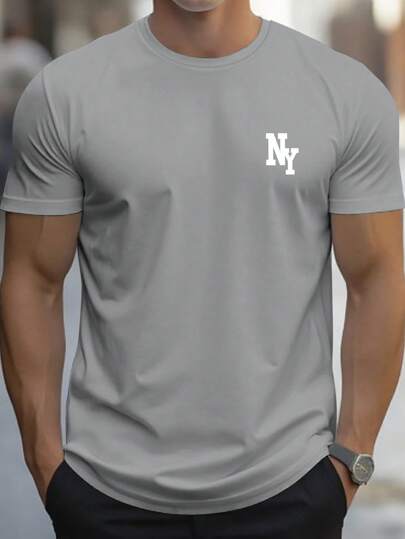 Manfinity Homme Herren Lässig T-Shirt mit Buchstaben-Muster, Rundhals, Kurzarm, Sommer