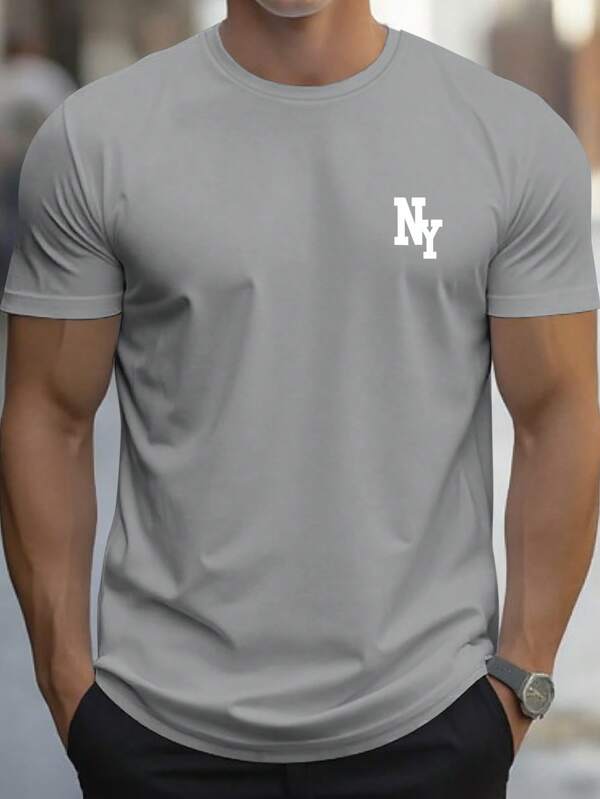 Manfinity Homme Camiseta de manga corta y cuello redondo con estampado de letras casual para hombre, verano