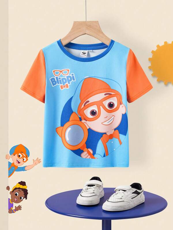 Blippi X SHEIN Camiseta de manga corta informal y linda con gráfico de dibujos animados y bloques de color para niños pequeños