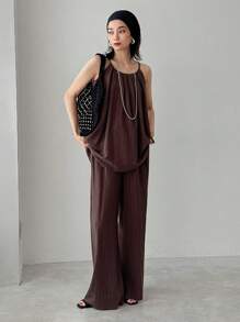 FRIFUL 女士两件套休闲无袖背心和阔腿裤套装，夏季度假 - 咖啡棕 - 查看 1