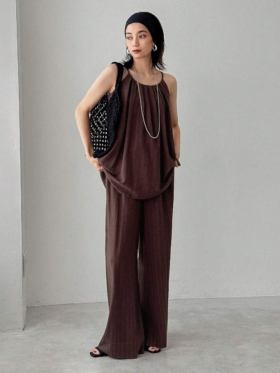 FRIFUL 女士两件套休闲无袖背心和阔腿裤套装，夏季度假 - 咖啡棕 - 查看 1