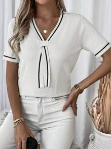 EMERY ROSE Women's V-Neck Short Sleeve Casual Knit Top With Bowknot Design - White - View 6