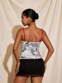 NAJILARAQUELDESIGNS Newspaper Printed Knit Jersey Lace Neck Cami Top Women Summer Casual Street Wear Newspaper Print Corset - Multicolor - View 2