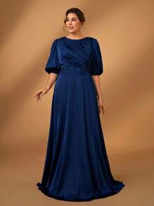 Serin Plus Size Navy Blue Satin Fabric Crew Neck Pleated Chest Floral Decor Bell Sleeve A-Line Dress, Elegant For Wedding Party Activities, Bridesmaid And Mother Of The Bride Outfit