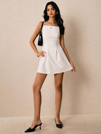 Poéselle Women's Elegant Solid Color Sleeveless Mini Dress, Summer Dresses For Women,Vacation Dress,Summer Dresses For Women,Casual Dresses For Woman,Business Casual Woman,Old Money