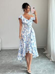 Elenzga New Women's V-Neck Asymmetric Shoulder Asymmetrical Ruffle Hem Design Casual Daily Elegant Dress