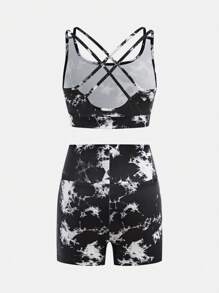 SHEIN Ensemble 2 pièces top court de sport et short taille haute en tissu tie-dye extensible et confortable avec dos croisé. Convient pour le yoga - Noir et Blanc - Voir 2