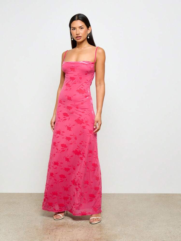 AiiRZ Velvet Devore Spaghetti Strap Maxi Dress Spring Summer Holiday Long Floral Pink Wedding Guest Party Prom