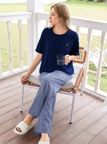 Dream Adore Solid Color Casual Letter Graphic T-Shirt Top And Stripe Jacquard Long Pants Pajama Set
