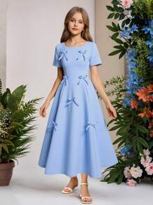 SHEIN Girls Blue Minimalist Solid Color Bow Decor Fitted Long Dress - Blue - View 4
