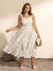 SHEIN Touch of Art Rochie de vară Joris Hoefnagel Plus Size pentru femei, cu model floral, fără spate, pentru vacanță, rochie de grădină, midi, de vară, de lungime medie, pentru petrecere în grădină, rochii de petrecere în grădină