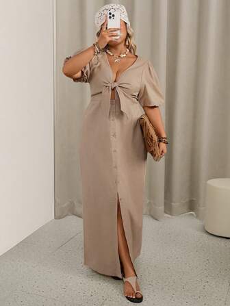 SHEIN VCAY Plus Size Women Summer Solid Color Mini Puff Sleeve Twist Front Single Breasted Sexy Dress Beach Outfits For Woman Sun Dresses For Women Western Streetwear Linen Dress Women Summer Outfits For Women Vacation 4th Of July Country Concert Outfit Boho Vacation Outfits Teacher Outfits For Women Country Outfits Women Beach Clothes Club European Summer,Maxi Dress Tan Dress Women Front Tie Dress Curve Elegant Dress Plus Size Tan Dress Button Down Dress