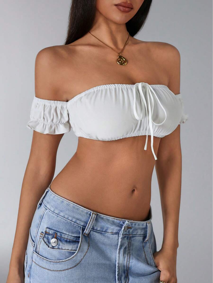 Jeanoix Blusa corta de hombros descubiertos para mujer, unicolor y sexy - Blanco - Ver 1