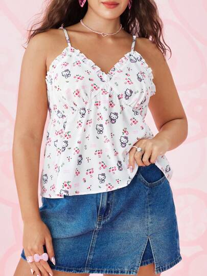 HELLO KITTY AND FRIENDS | SHEIN 大码女式卡通花卉图案吊带背心