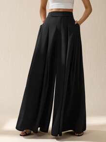 SHEIN Tall 女士纯色褶皱阔腿宽松休闲长裤 - 黑色 - 查看 3