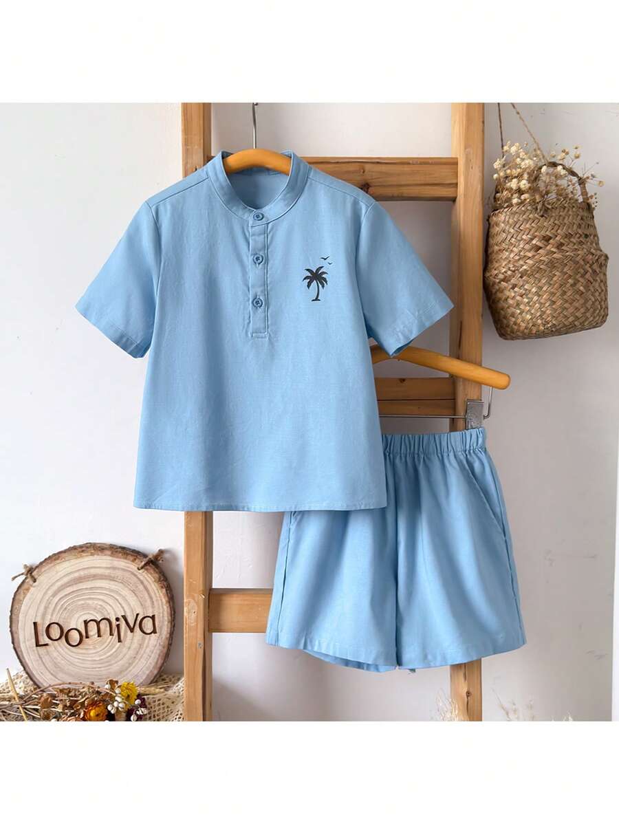 Loomiva 2pcs/Set Young Boy Loose Academy Style Blue Woven Palm Tree Pattern Shirt & Elastic Waist Shorts Set, Spring/Summer - Blue - View 1