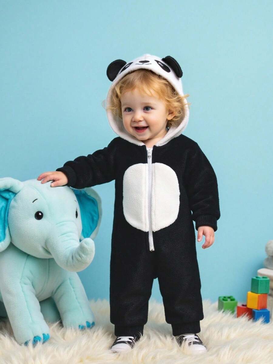 SHEIN 男嬰貓熊刺繡3D耳朵設計連帽前拉鍊法蘭絨連身褲 - 黑與白 - 查看 1
