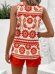 SHEIN LUNE 2 件套女士休闲红色几何复古图案无袖上衣和短裤套装，极简风格适合夏季